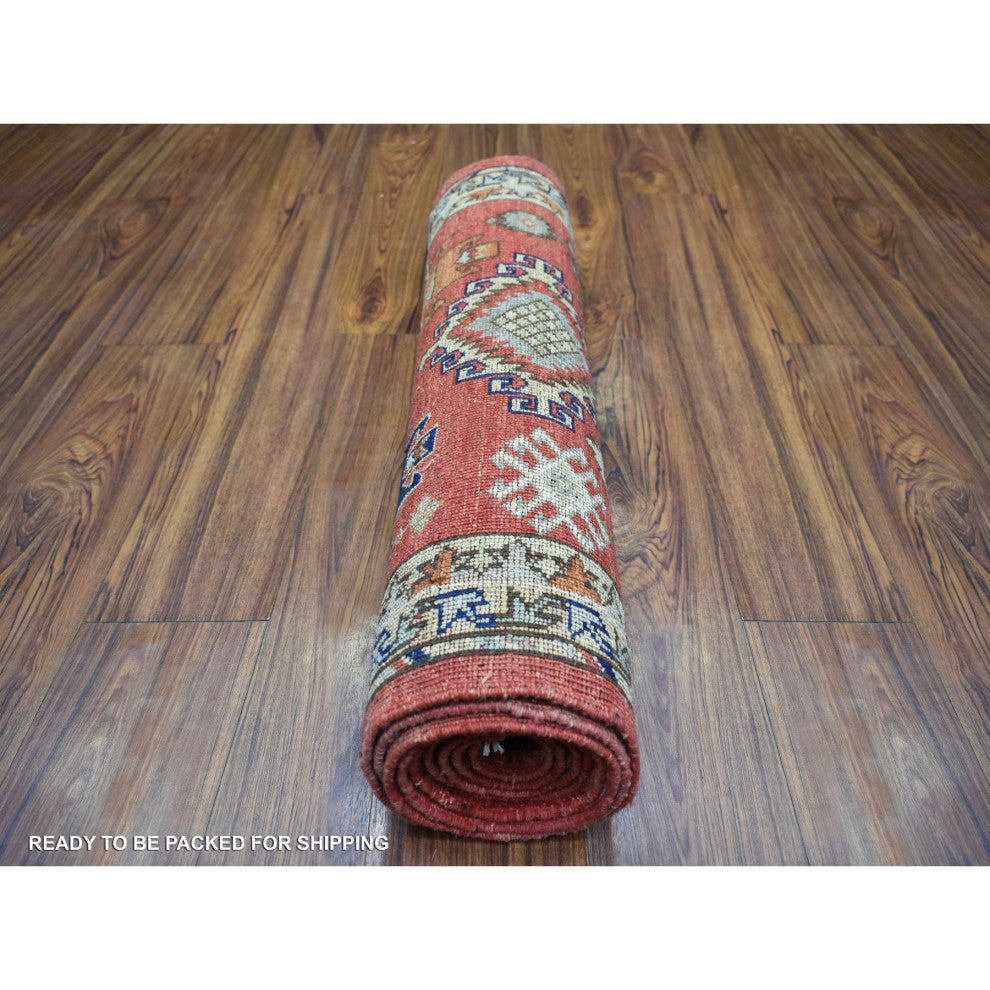 Rich Red Natural Dyes Soft Wool Hand Knotted Afghan Ersari Runner Rug, 2'8"x9'8"