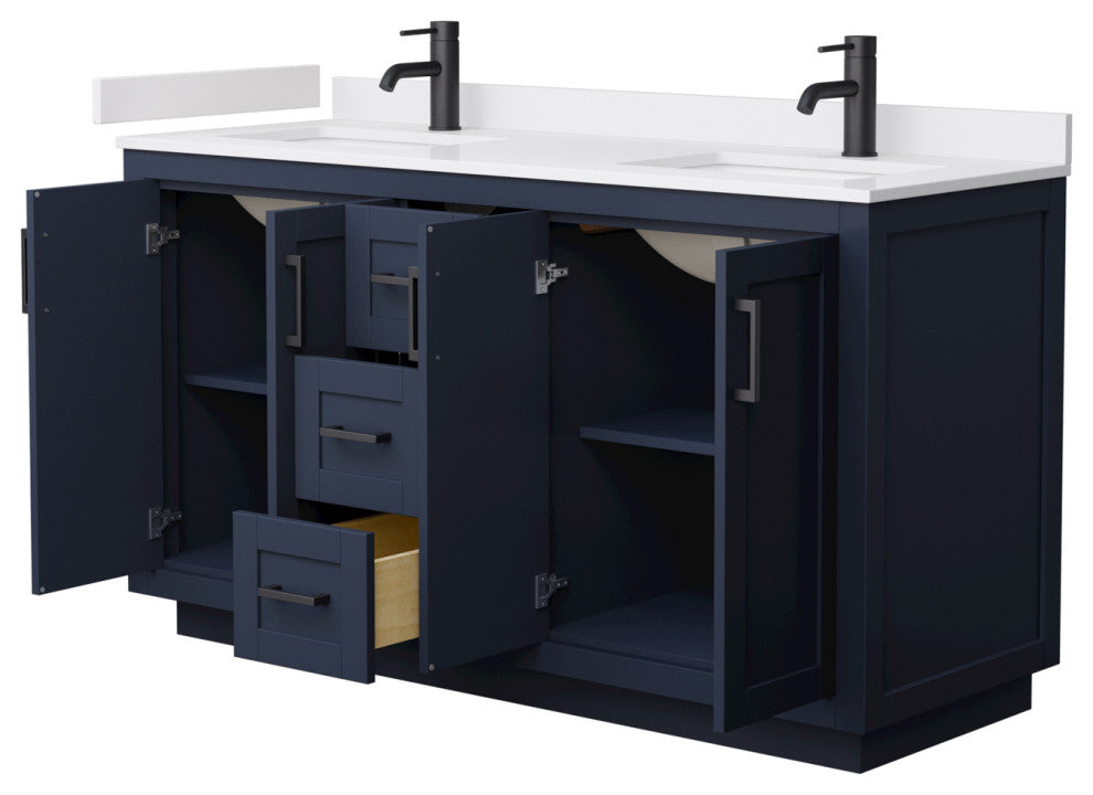 60"DBL Vanity Dark Blue, White Cult. Marble Countertop, Sinks, Black Trim