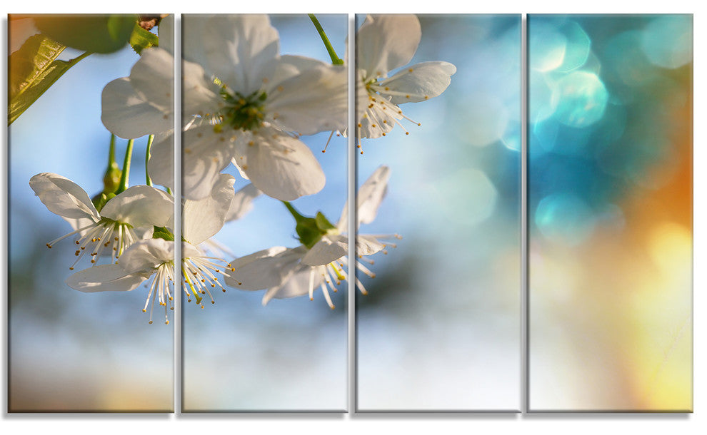 White Blossoming Cherry Tree, Floral Canvas Art Print, 48"x28", 4 Panels
