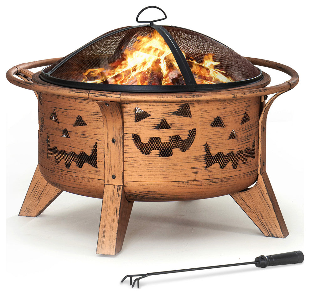 Sunjoy 30" Jack-o-Lantern Motif Round Wood Burning Firepit for Outside