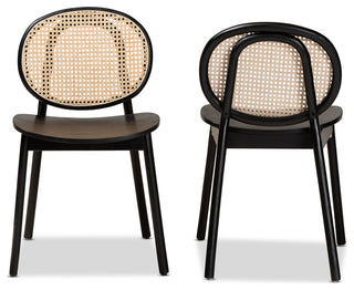 Halen Brown Woven Rattan and Black Wood Finished 2-Piece Cane Dining Chair Set