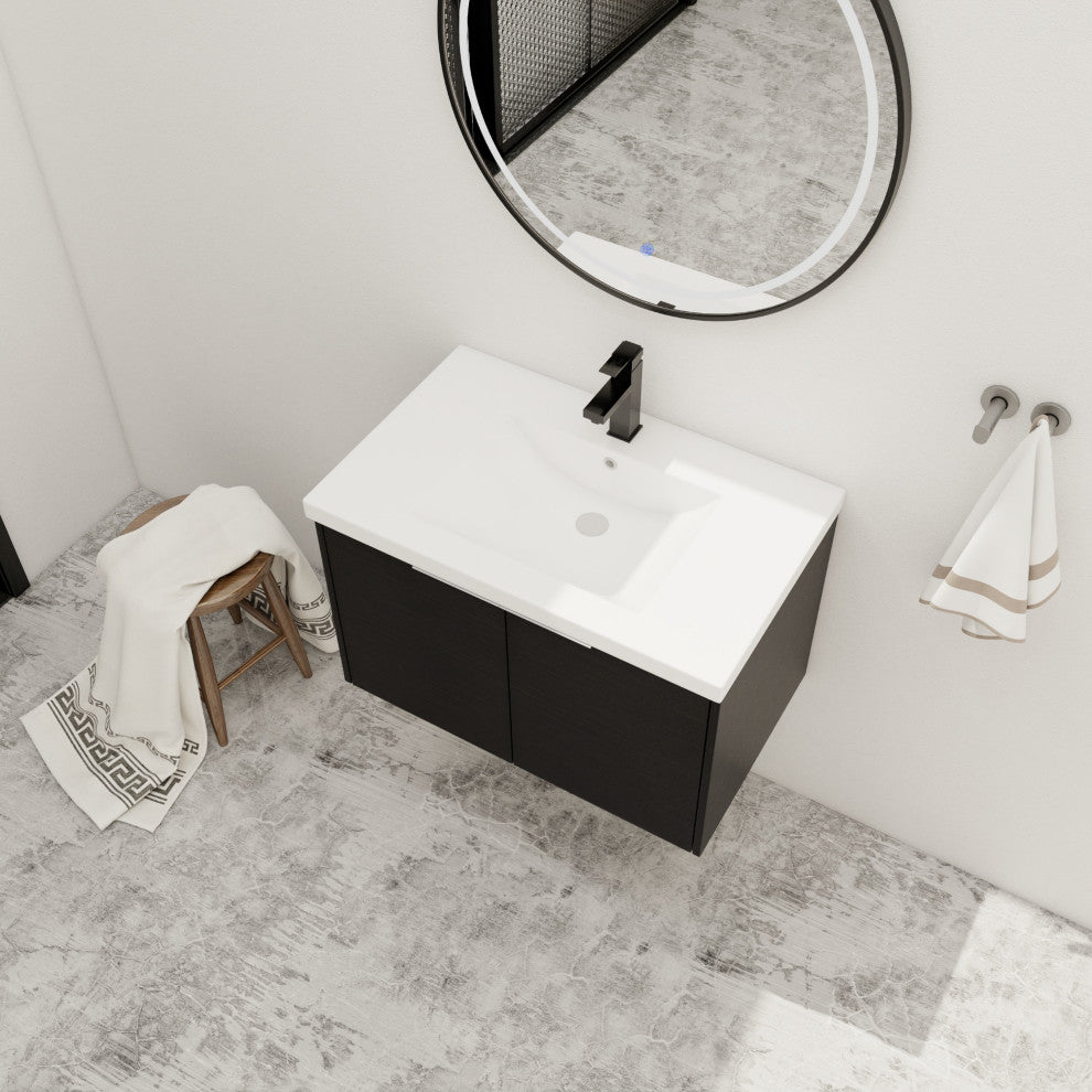 BNK Bathroom Vanity with Resin Sink, Modern Design with Soft Close Doors, Black Chestnut, 30"