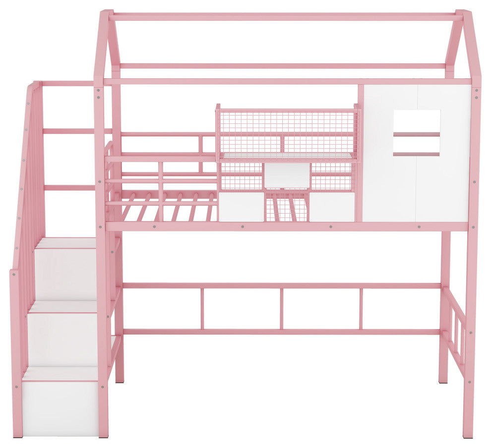 Gewnee Metal Loft Bed with roof design and a storage box, Twin, Pink