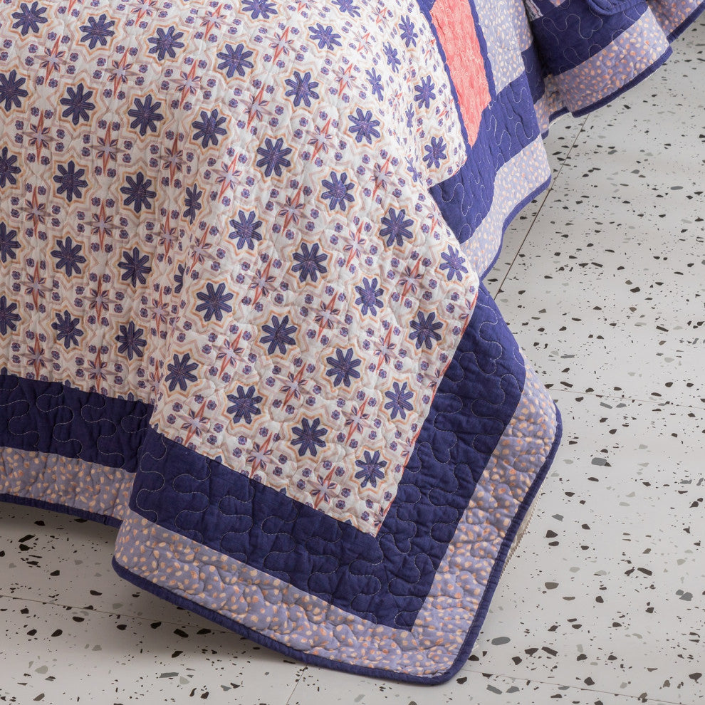 Patchwork Floral Cherry Blossom Plum Purple & Peach Quilted Bedspread Set, Twin
