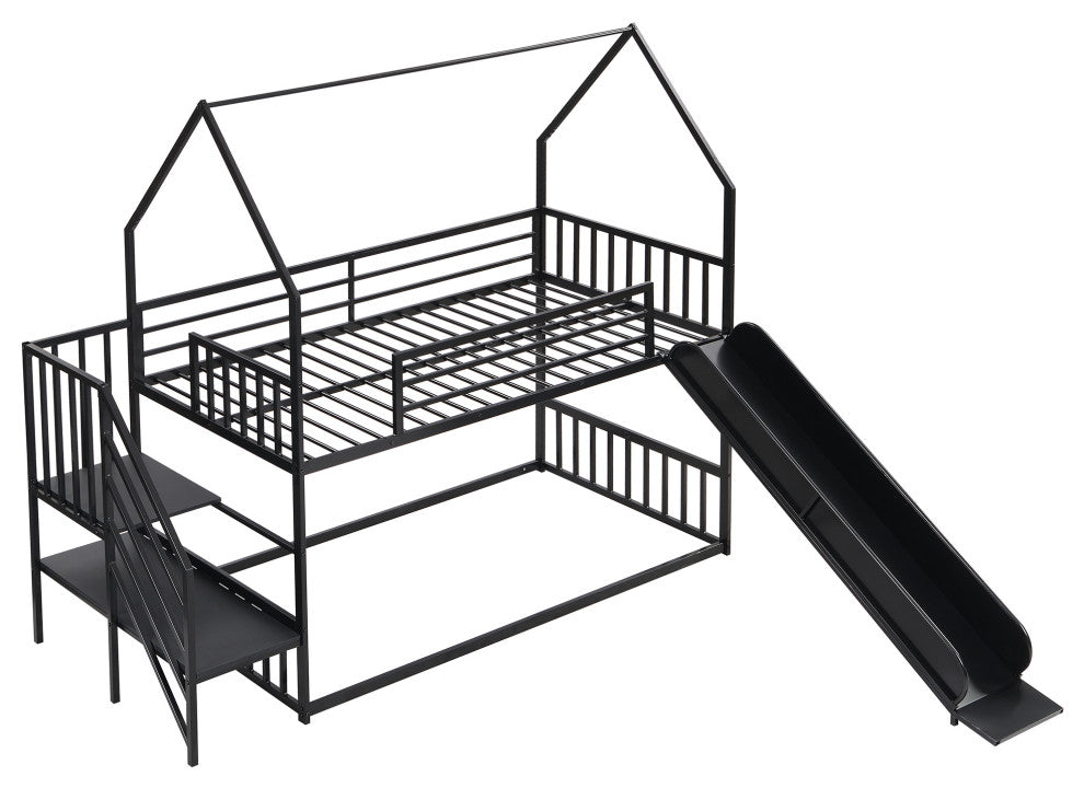 Gewnee Twin Metal Bunk Bed House Bed with Slide and Staircase in Black