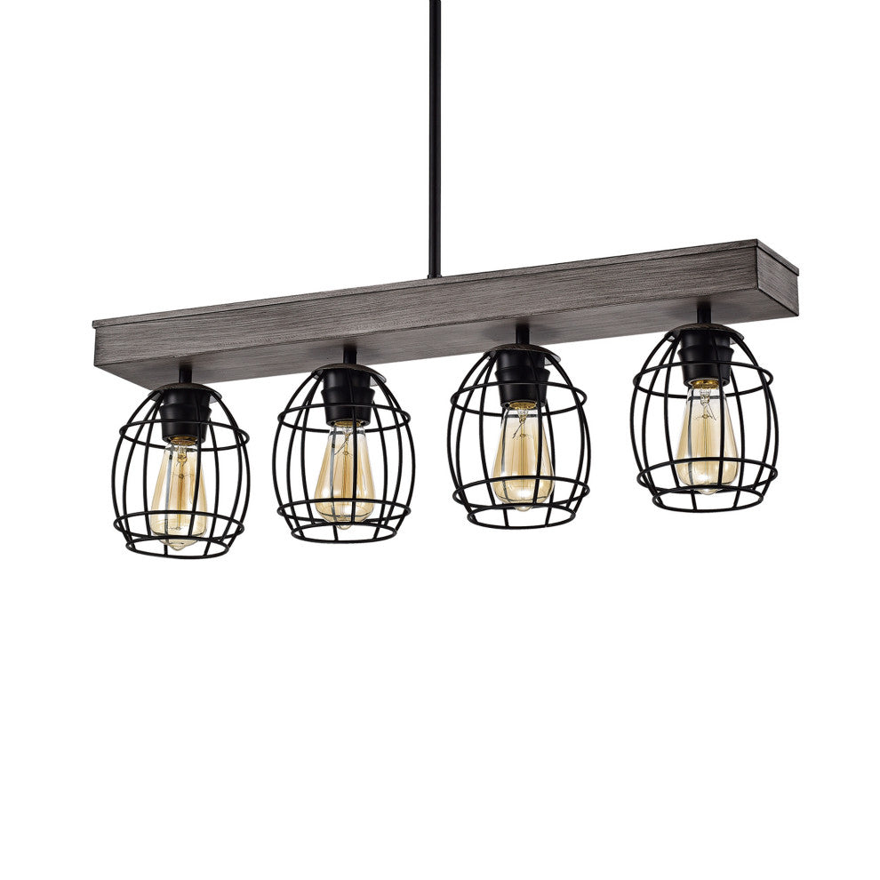 4-Light Wood and Black Cage Linear Pendant