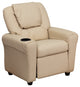 Contemporary Beige Vinyl Kids Recliner With Cup Holder and Headrest