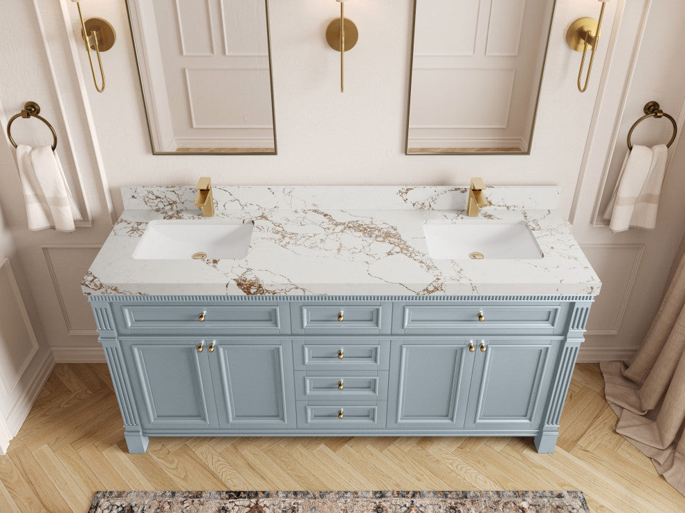 Paris 72" Double Sink Bathroom Vanity, Blue Heather 2" Viola Gold