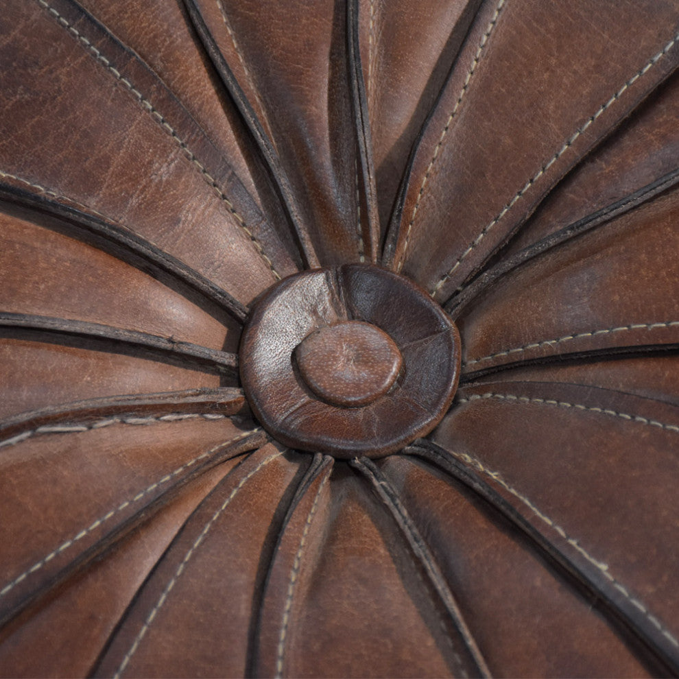 Solid Handmade Leather Pouf Brown, 16x16x16