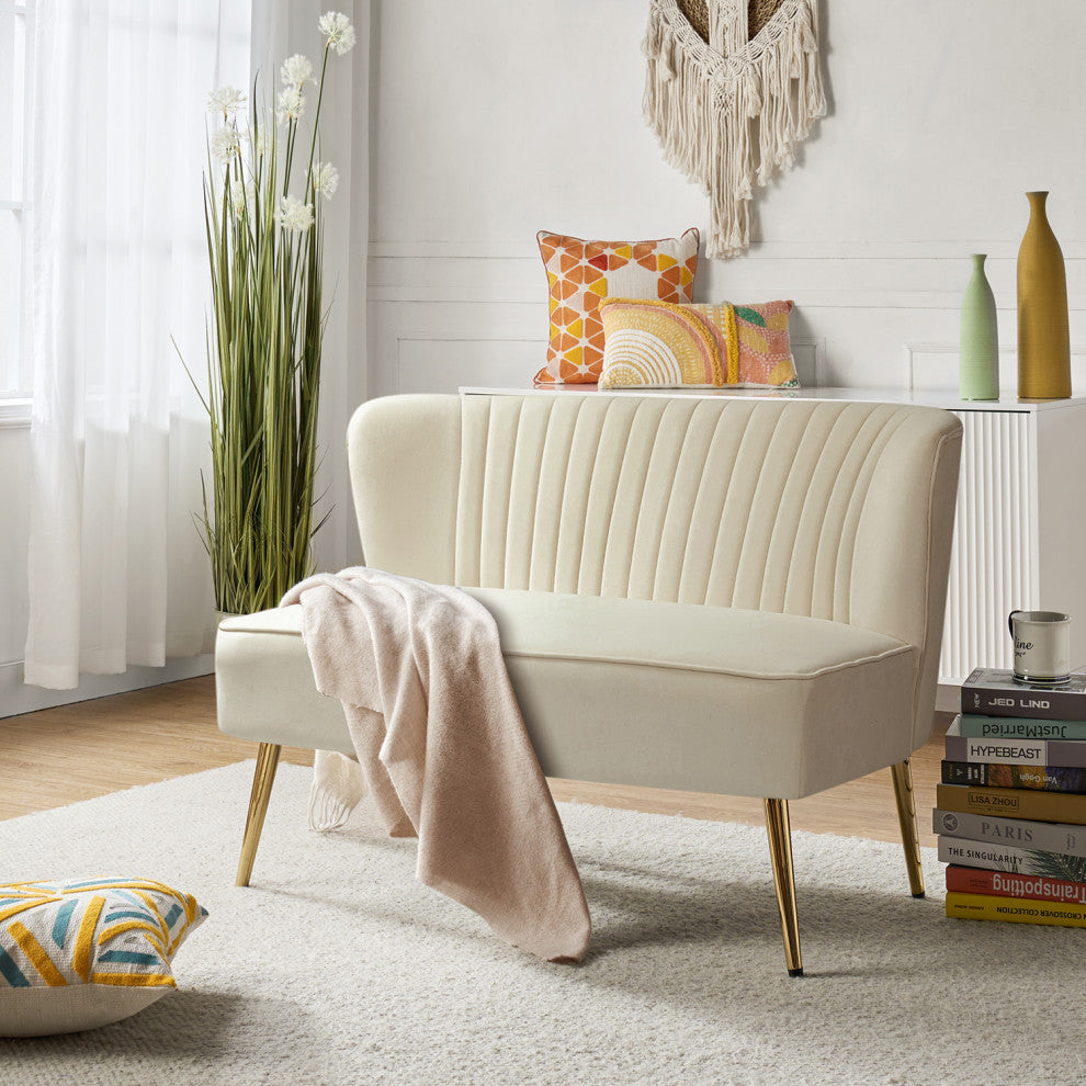 Velvet Tufted Loveseat Sofa With Golden Base, Tan