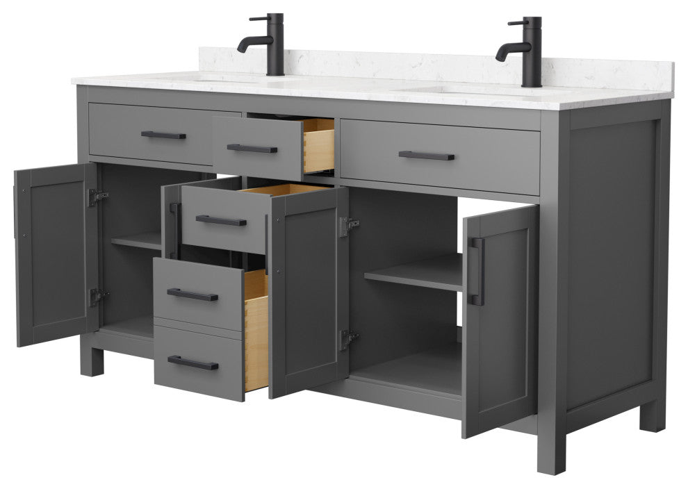 66"DBL Vanity Dark Gray, Carrara Cult. Marble Countertop, Sinks, Black Trim