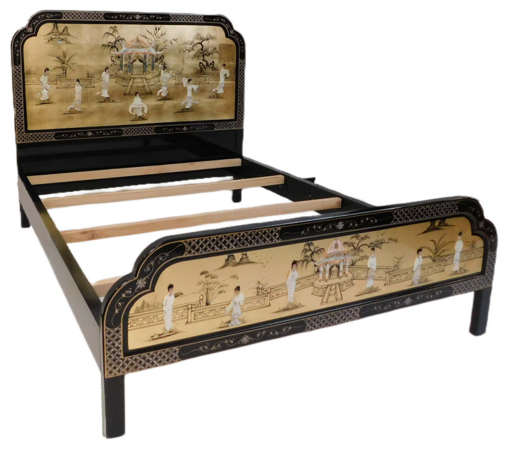 Oriental Gold Leaf Mother Of Pearl Palace Queen Bed In Chinese Black Lacquer