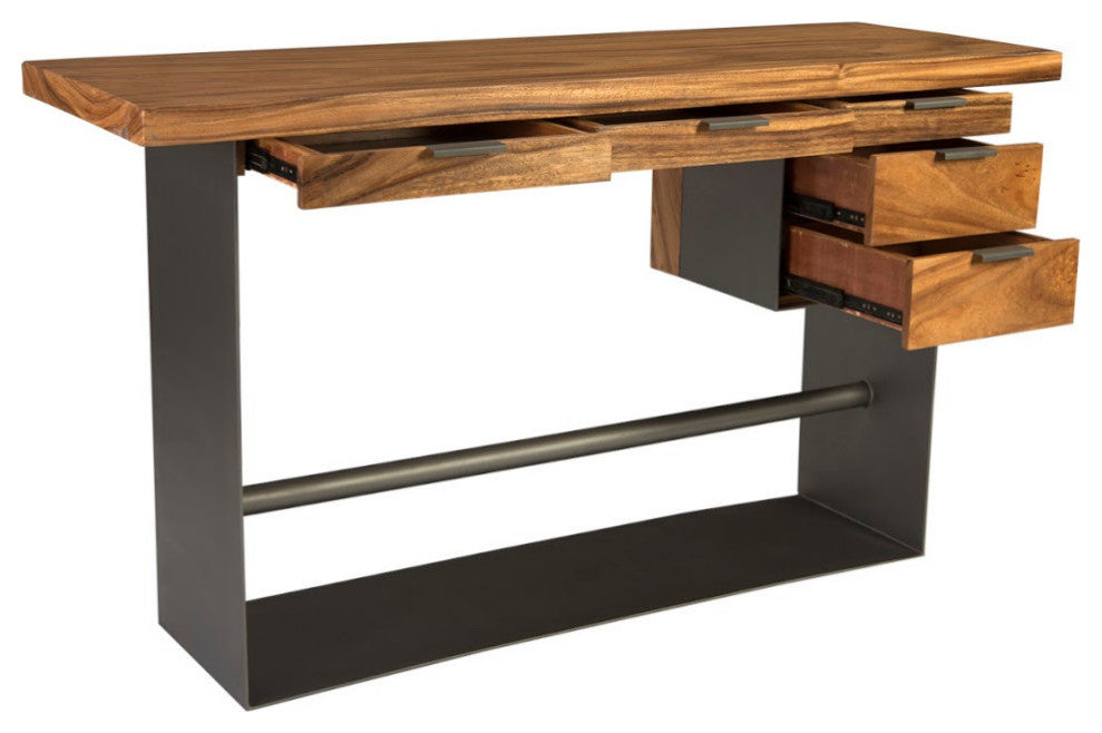 Iron Frame Standing Desk With Drawers, Chamcha Wood, Natural, Bar Height
