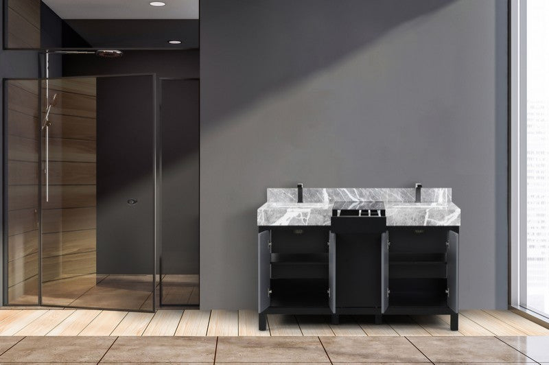 Zilara 55" Black and Grey Double Vanity, Balzani Gun Metal Faucet Set