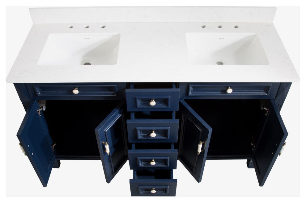 60 In Bath Vanity Set with 2 Mirror Cabinets, Quartz Top, 2 cUPC Certified Sinks, Navy Blue