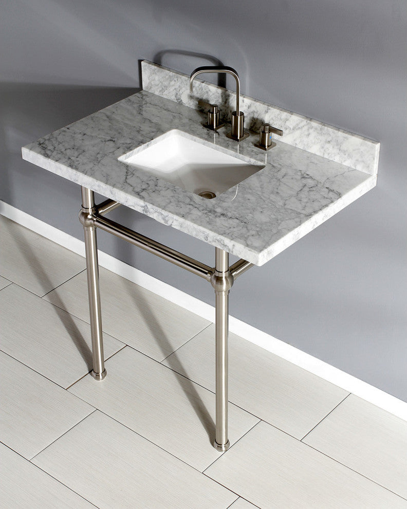 36X22 Marble Vanity Top w/Brass Console Legs, Carrara Marble/Brushed Nickel