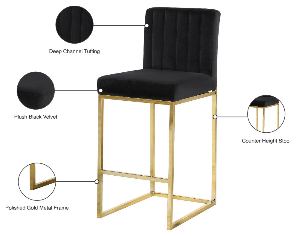 Giselle Velvet Counter Stool, Black, Gold Base