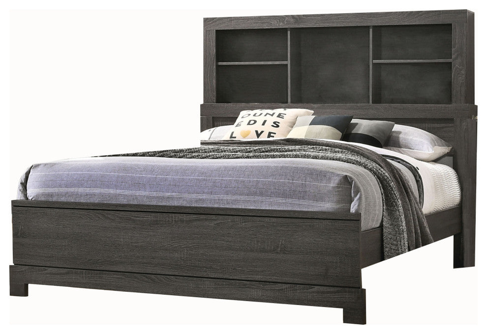 Benzara BM214926 Wooden Queen Size Low Profile Size Bed Bookcase Headboard, Gray