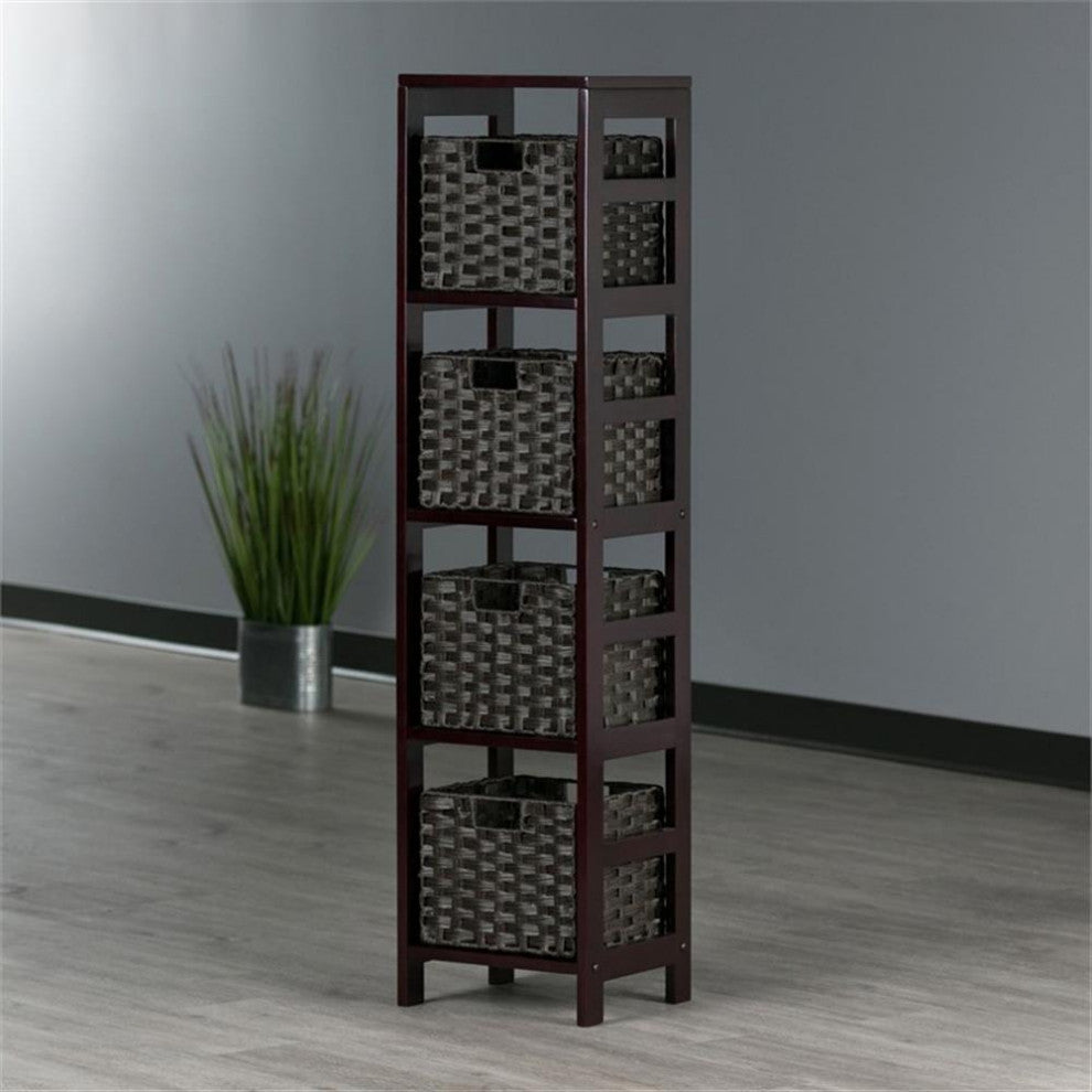 Leo 5-PieceStorage Shelf With 4 Foldable Woven Baskets, Espresso and Chocolate