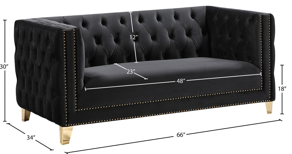 Michelle Fabric Upholstered Chair, Gold Iron Legs, Black, Velvet, Loveseat
