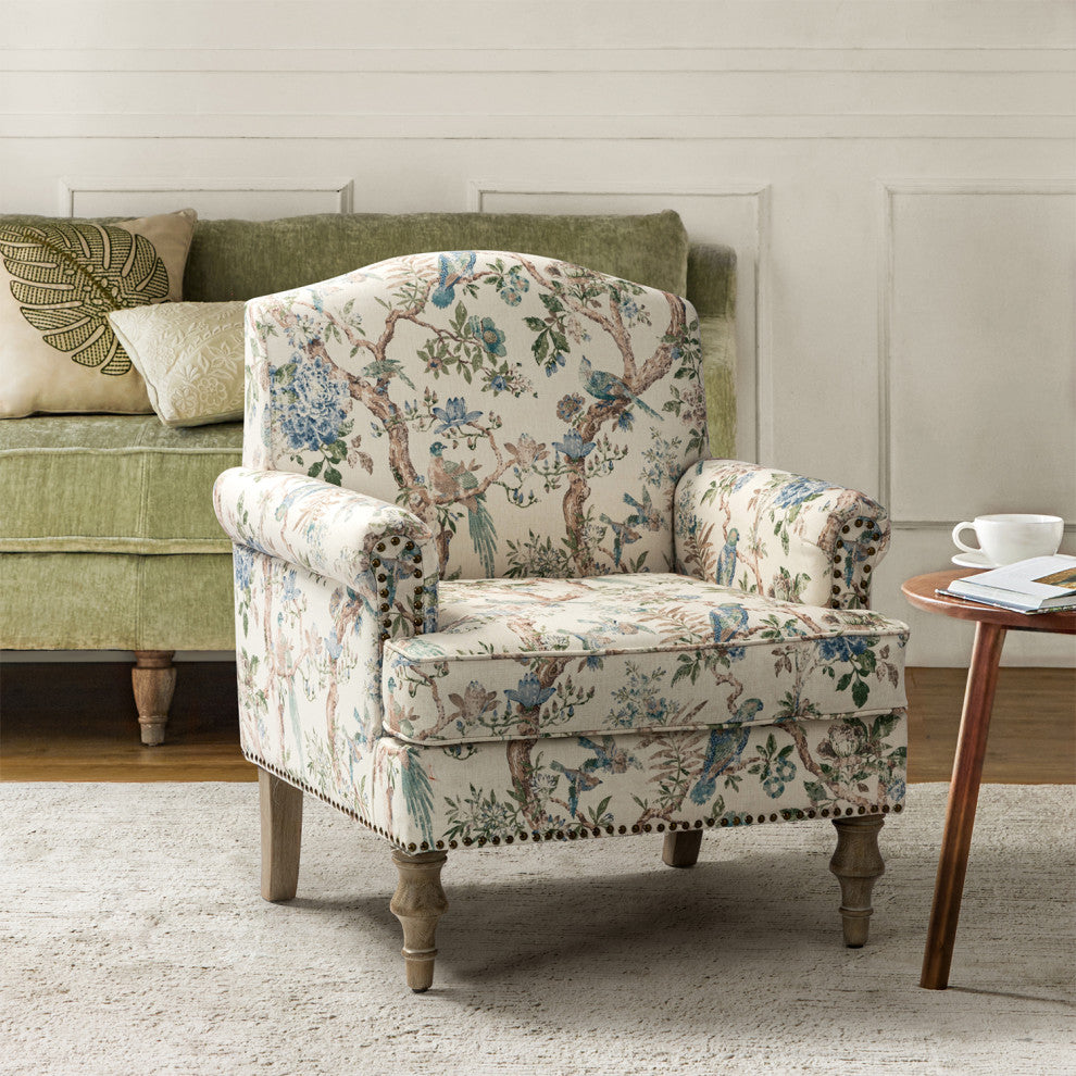 Lamber Wooden Upholstered Armchair With Camelback, Bird