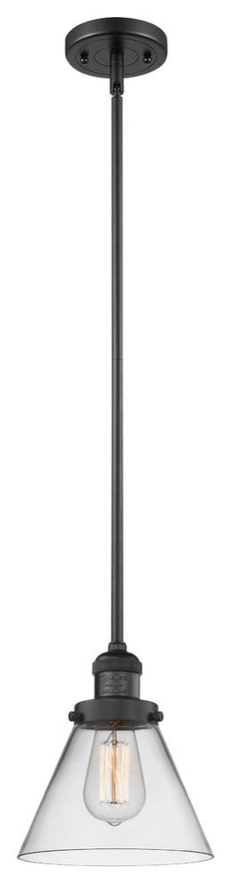 1-Light Large Cone 8" Pendant, Matte Black, Glass: Clear