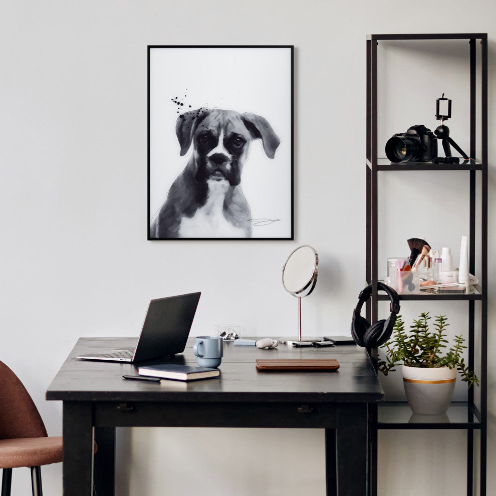 "Boxer" Black and White Pet Art on Printed Glass Encased with Anodized Frame