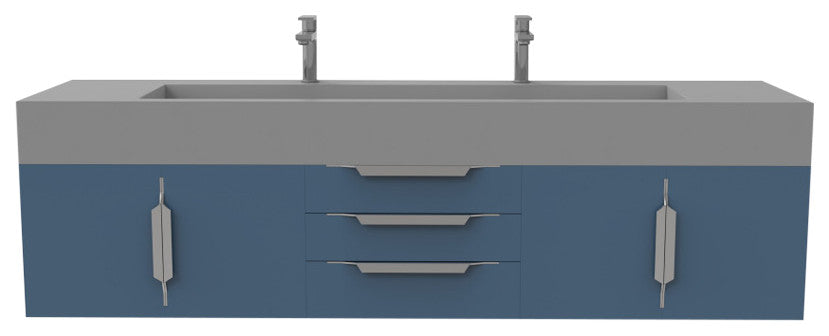 CastelloUSA Nile 72" Wall Mounted Bathroom Vanity Set, Blue, Gray Top, Chrome Handles