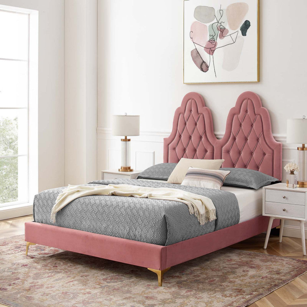 Tufted Platform Bed Frame, Full Size, Velvet, Pink, Modern Contemporary, Bedroom