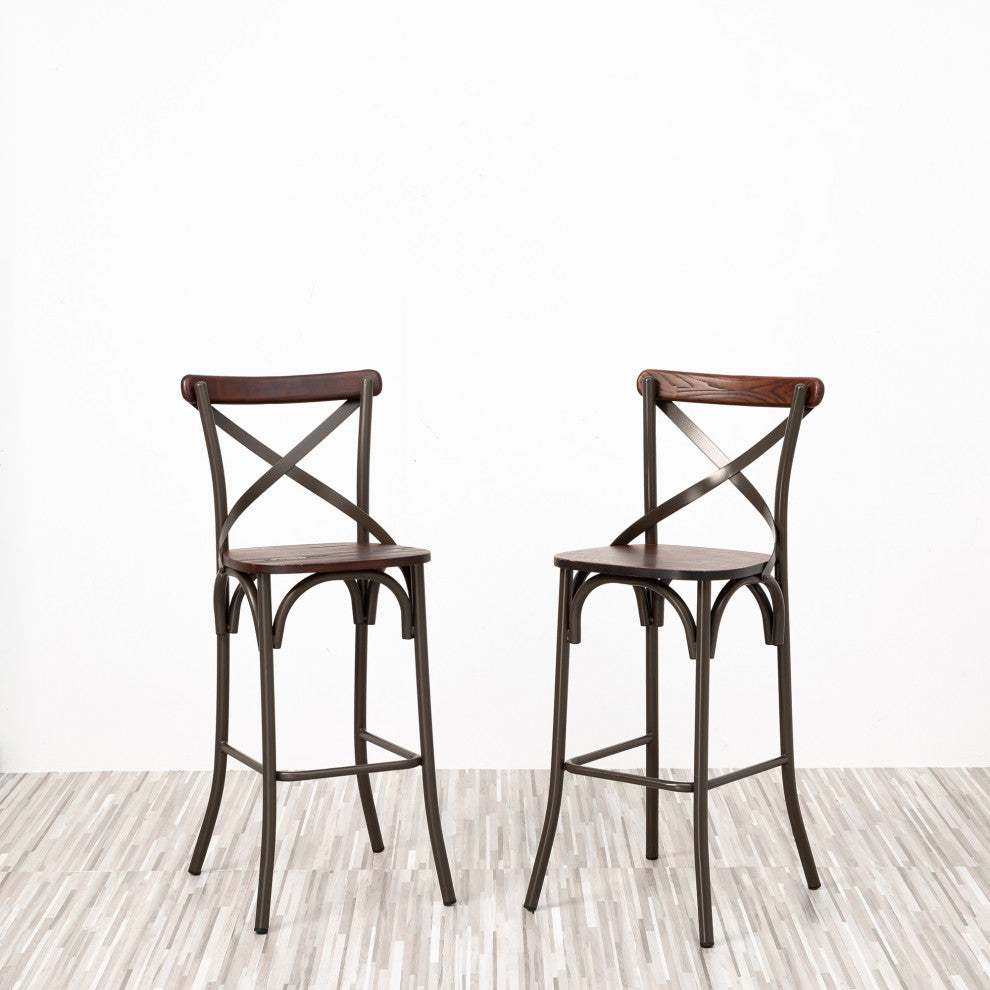 Rustic Steel Bar Stool With Solid Elm Wood Seat and Back Support, Set of 2