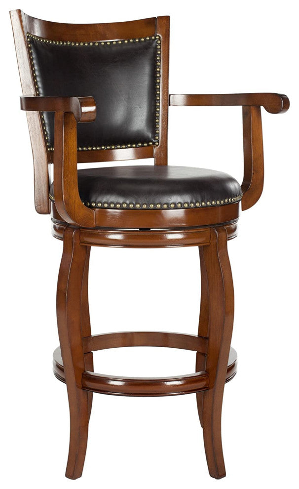 Classic Bar Stool, Curved Legs and Faux Leather Seat With Nailhead, Brown/Walnut