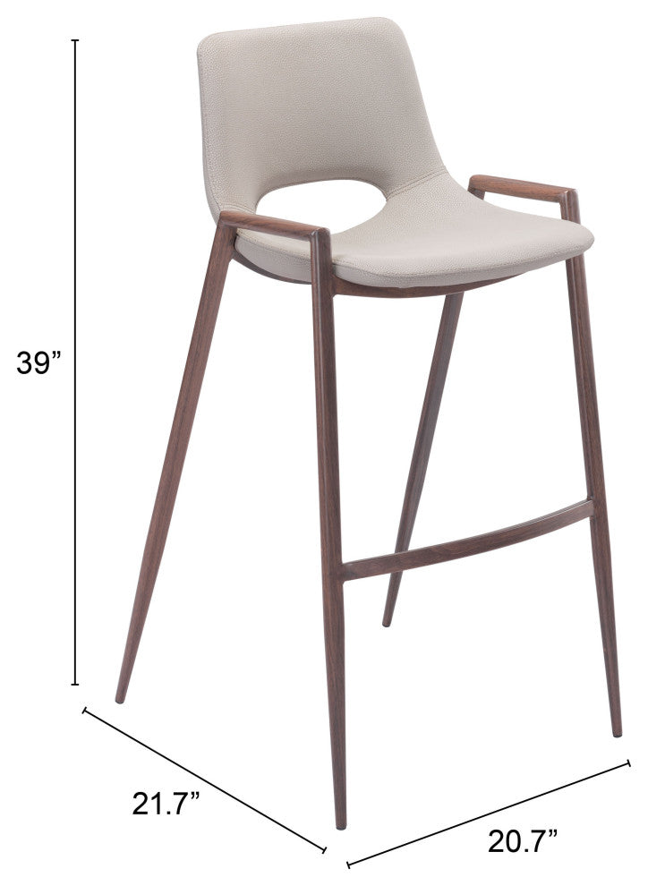 Bar Stool Chair Barstool, Set of 2, Faux Vinyl Leather, Steel, Beige, Walnut