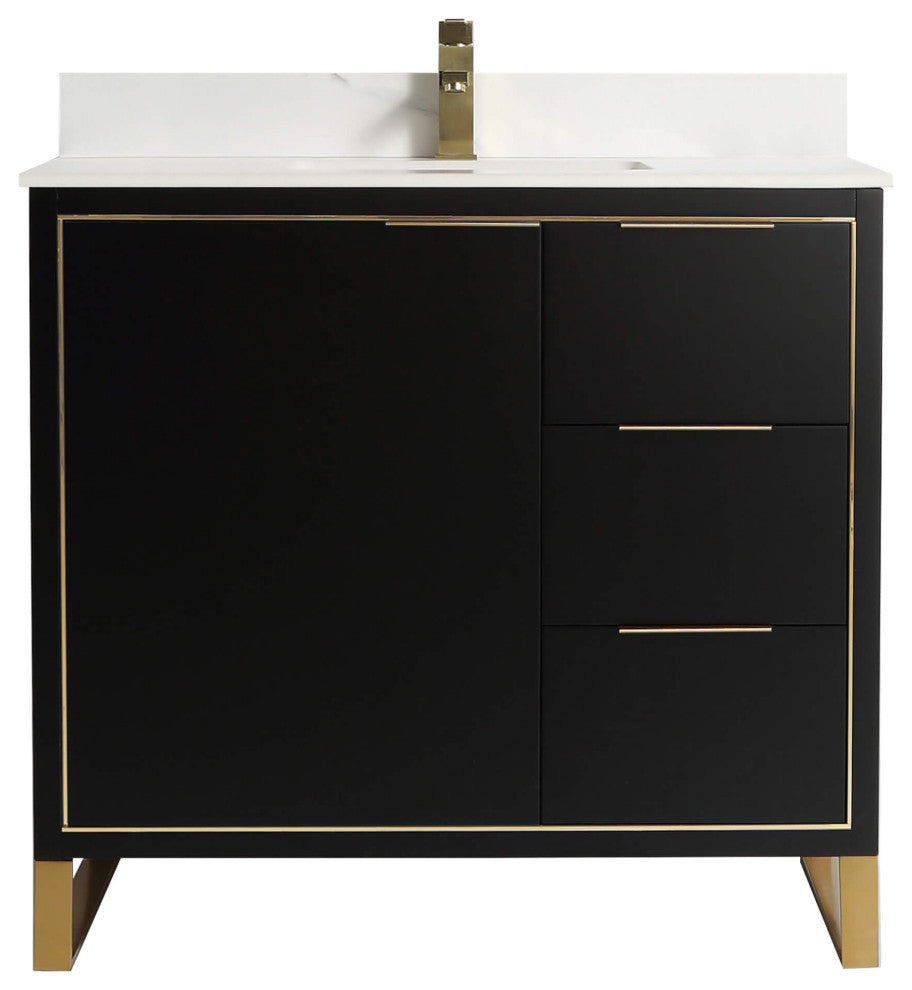Opulence Bath Vanity, Black Matte, 36", Satin Brass Hardware, White Carrara Top