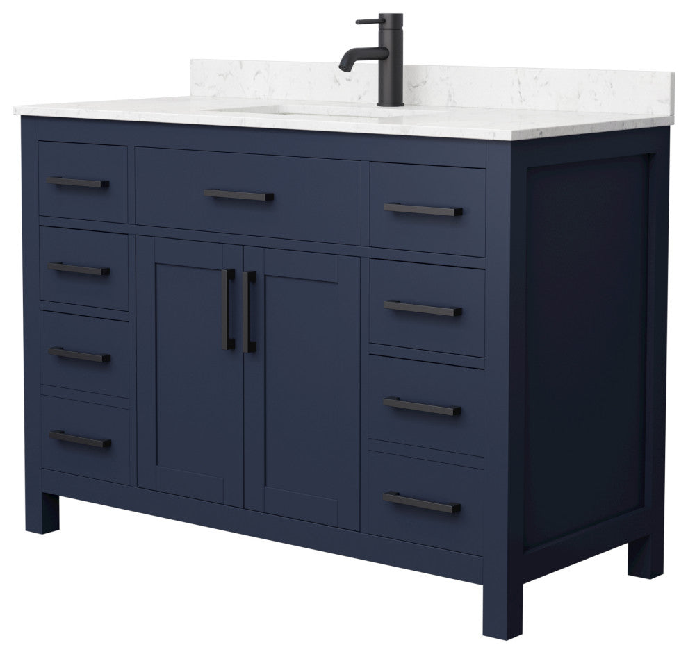 Beckett 48" Dark Blue Single Vanity, Carrara Cultured Marble Top, Black Trim