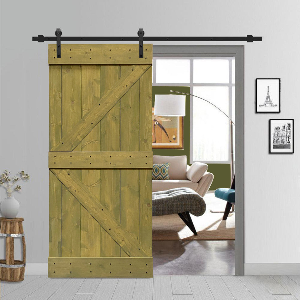 Stained Solid Pine Wood Sliding Barn Door, Jungle Green, 30"x84", K Series