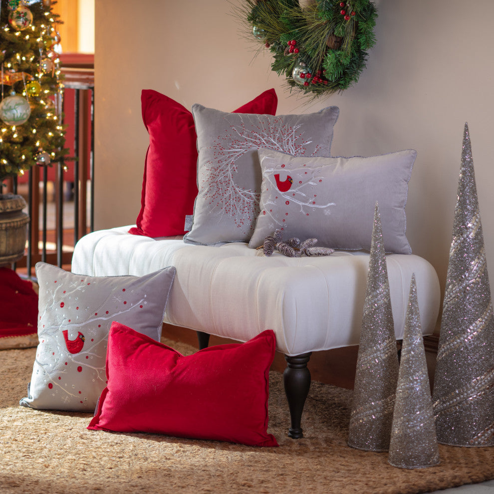 Indoor Velvet Christmas Cardinal Gray Lumbar Rectangular Throw Pillow