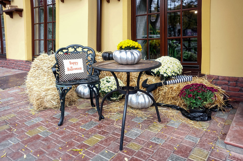 Happy Halloween Checks Indoor/Outdoor Throw Pillow, Black, 18"x18"