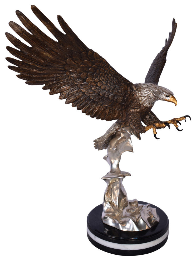 Eagle Coming to Landing Mounted on Marble Bronze Statue Size: 32" x 13" x 30"H