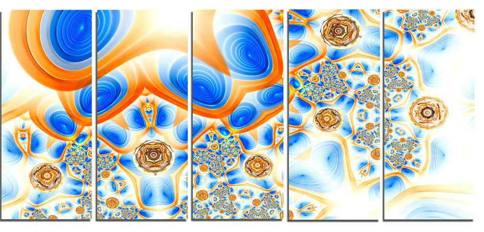Yellow Blue Exotic Pattern, Abstract Wall Art Canvas, 60"x28", 5 Panels