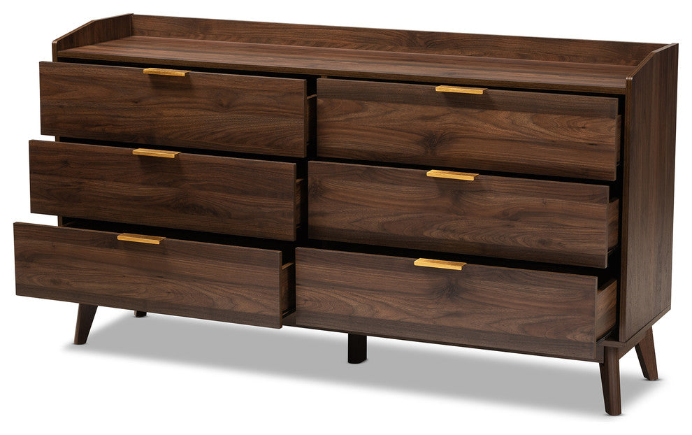 Kayley Mid-Century Modern Walnut Brown 6-Drawer Wood Dresser