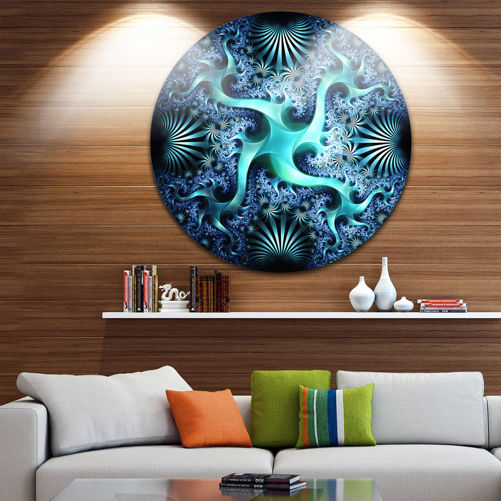 Glowing Blue Fractal Flower Design, Abstract Round Wall Art, 36"