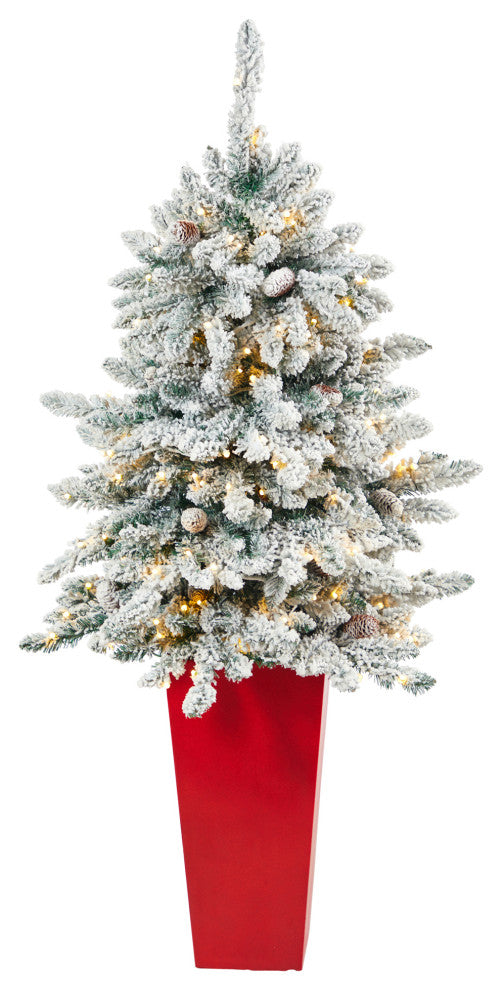 4.5' Flocked Livingston Fir Faux Xmas Tree W/Pinecones & Lights, Tall Planter