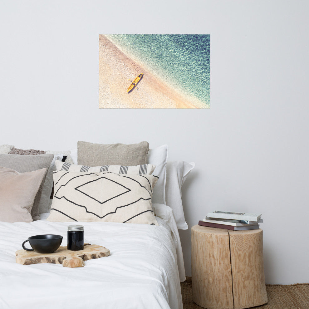 Yellow Canoe & Blue Sea with Soft Violet Effect Landscape Photo Loose Art Print, 24" X 36"