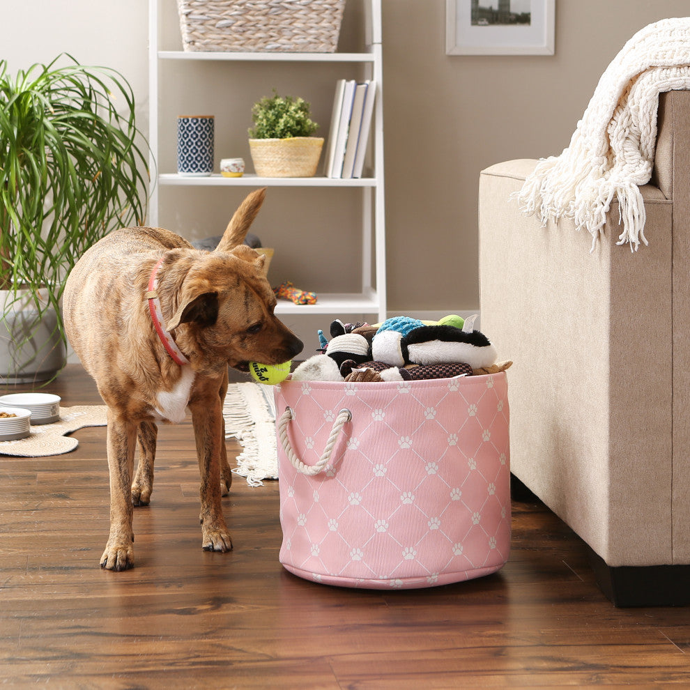 Polyester Pet Bin Trellis Paw Pink Round Medium