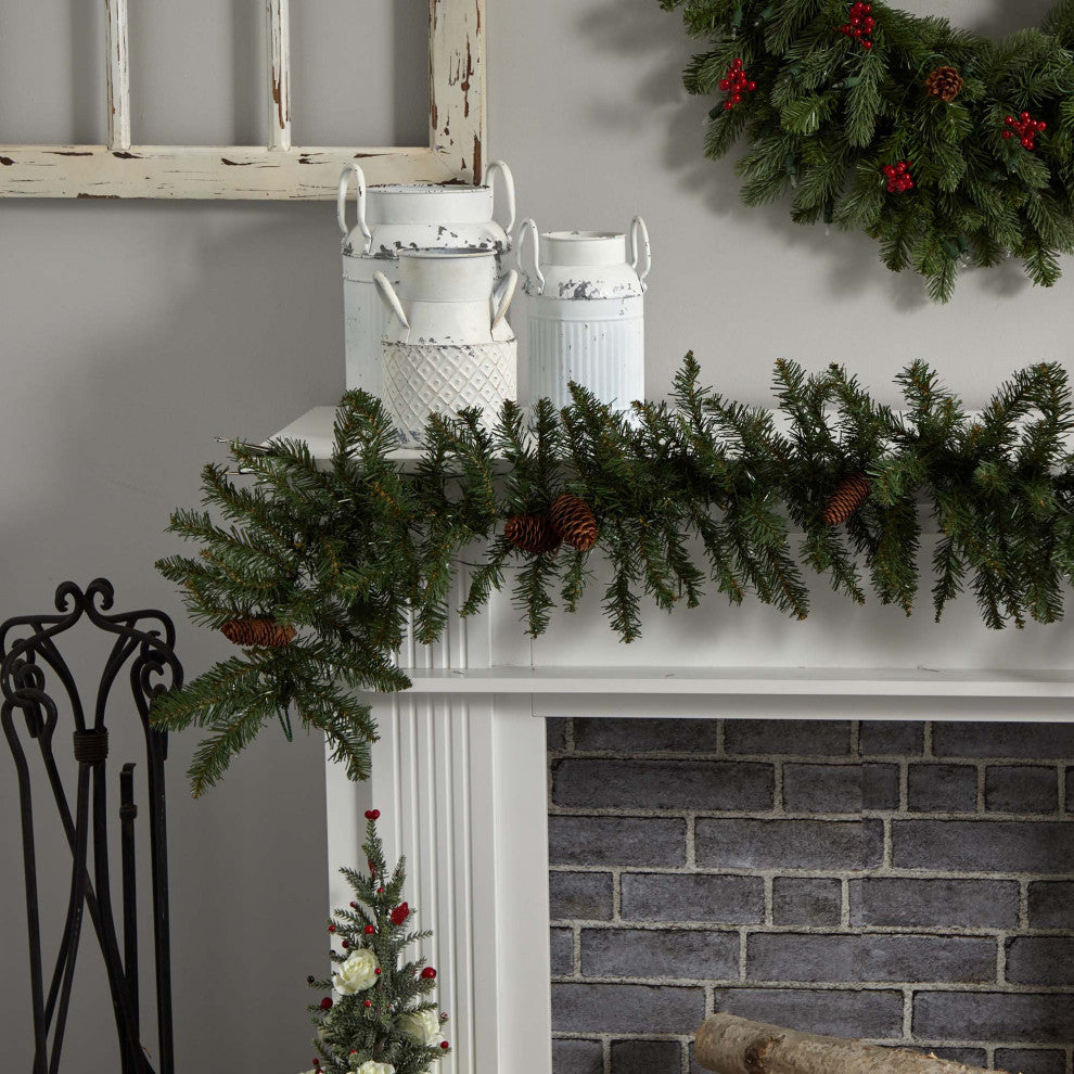 6' Mixed Alaskan Pines and Pinecones Faux Xmas Garland 50 Warm White LED Lights