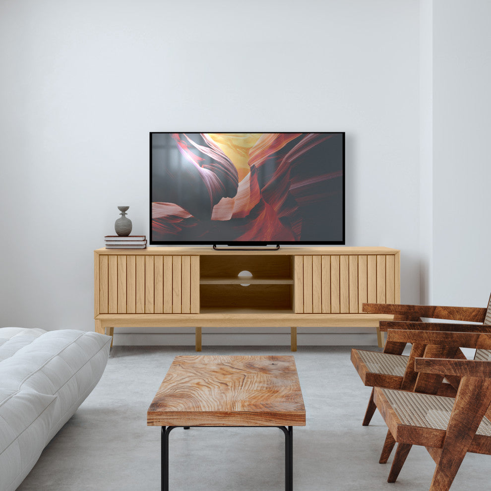 3-Storage Sliding Door TV Stand Fits TVs up to 65 in. with Cable Management, Oak