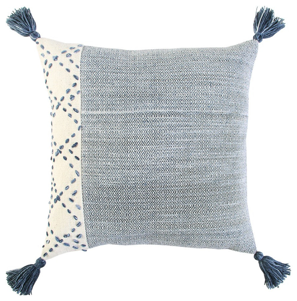 Ivory Blue Accent Stitch Color Block Throw Pillow