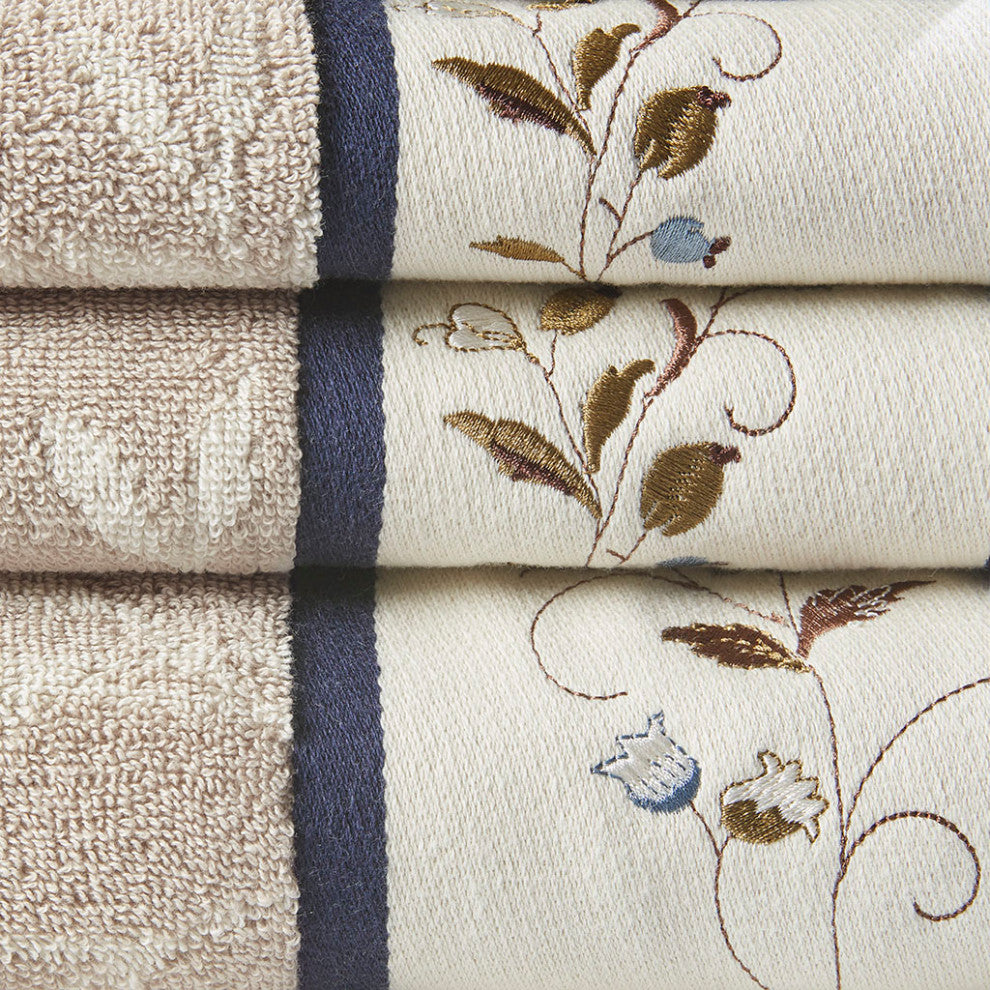 Madison Park Serene Cotton Jacquard Embroidered 6-Piece Towel Set, Navy Blue
