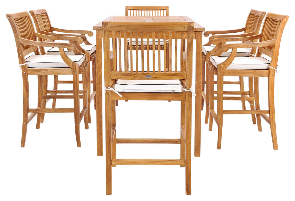 7 Piece Teak Wood Castle 71" Rectangular Bistro Bar Set with 6 Barstools w/ Arms