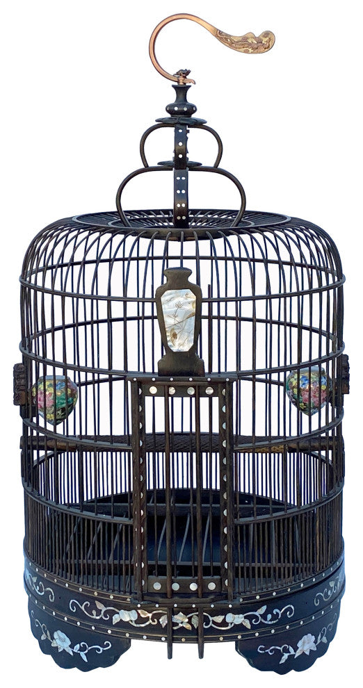 Chinese Tan Rosewood Mother of Pearl Inlay Round Collectable Birdcage Hcs7323